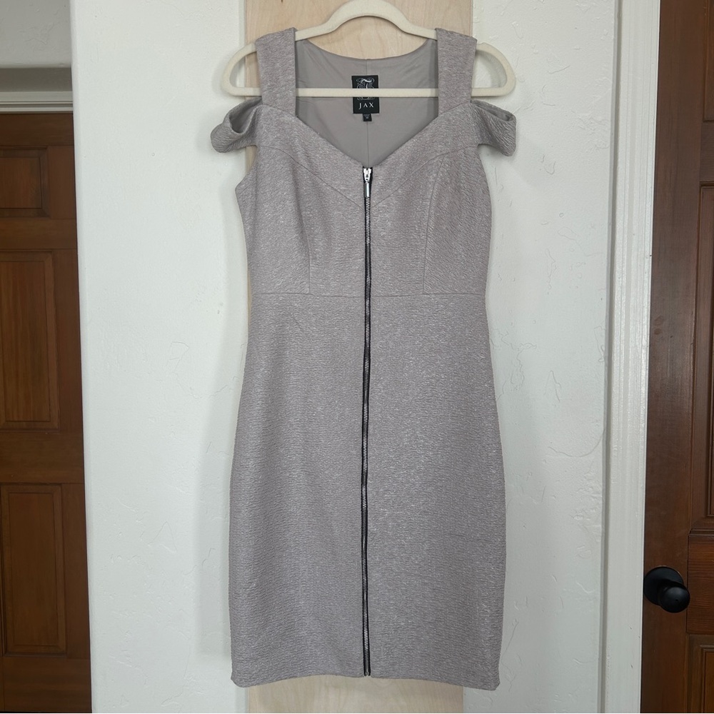JAX Bodycon Shimmer Silver Sexy Full Front Zip Elegant Cocktail Dress, 10 - Picture 2 of 13